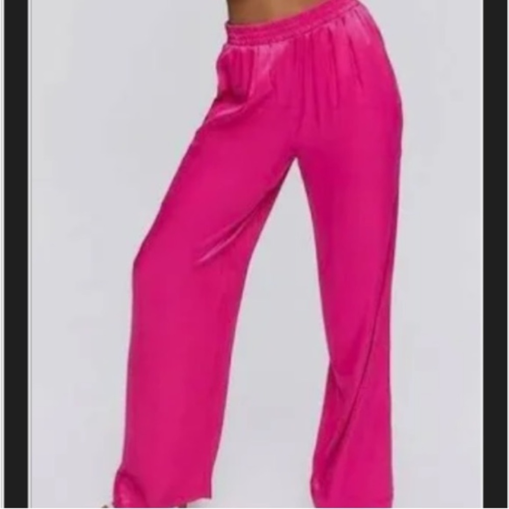 Pink Satin Wide Leg High Rise Silky Satin Pants